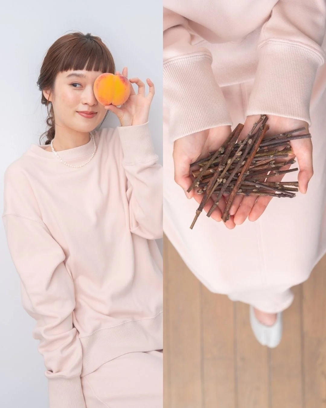 桃の剪定枝で染めた服の女性