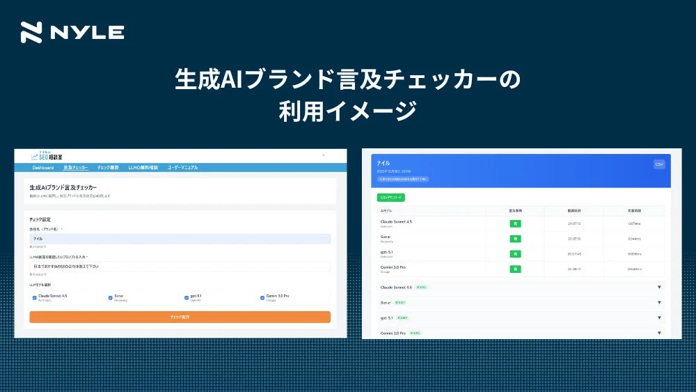 NYLE 生成AIブランド言及チェッカーの利用イメージ ナイル SEO相談室 Dashboard 言及チェッカー チェック履歴 LLM無料相談 ユーザーマニュアル 生成AIブランド言及チェッカー 複数のLLMに対し、指定ブランドの言及状況を確認します チェック設定 会社名（ブランド名） ナイル 最大入力文字数 LLMが新事業を議論したプロンプトを入力 日本でおすすめのSEO会社を教えて下さい LLMモデル選択 Claude Sonnet 4.5 Anthropic Sonar Perplexity gpt-3.5 OpenAI Gemini 1.0 Pro Google チェック実行 ナイル 2023年12月18日 20:00 LLMが新事業を議論したプロンプトを入力 CSVダウンロード AIモデル Claude Sonnet 4.5 Unknown Sonar Perplexity gpt-3.5 Unknown Gemini 1.0 Pro Google 言及有無 取得時刻 生成時間 有 20:07:12 6.079ms 有 20:07:16 5.044ms 有 20:07:29 5.083ms 有 20:08:17 7.004ms CSV
