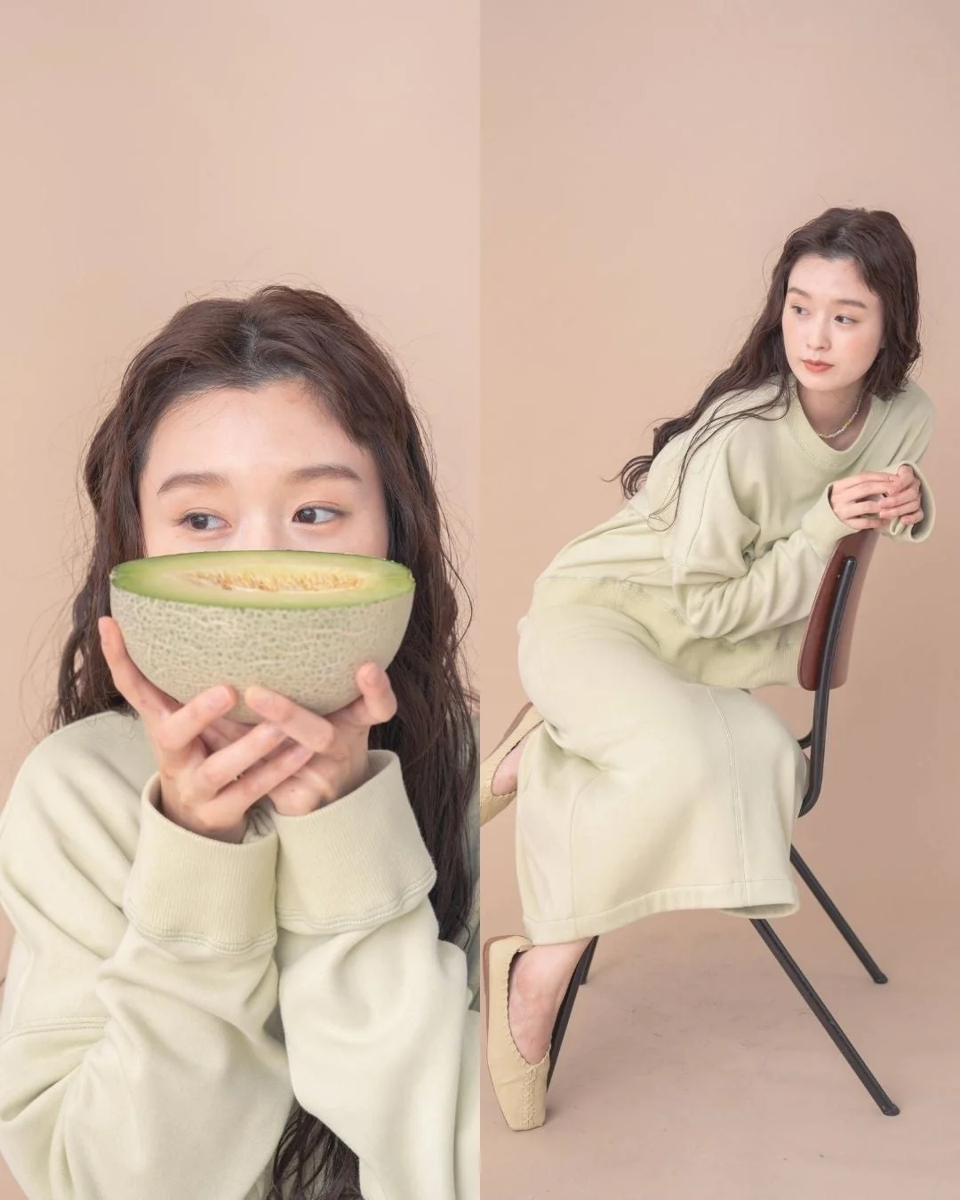 メロンの皮で染めた服の女性