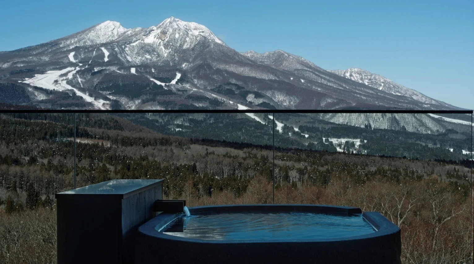 雪化粧した雄大な山々を背景に、広がる森と一体化したような露天風呂の絶景
