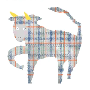 青とオレンジのチェック柄で描かれた、角のある動物のイラスト