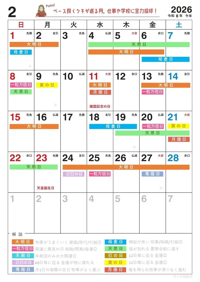 2026年2月の開運カレンダー