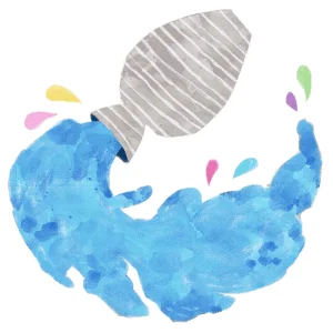 水瓶から水が勢いよく流れ出し、周囲にカラフルな水滴が飛び散っているイラスト