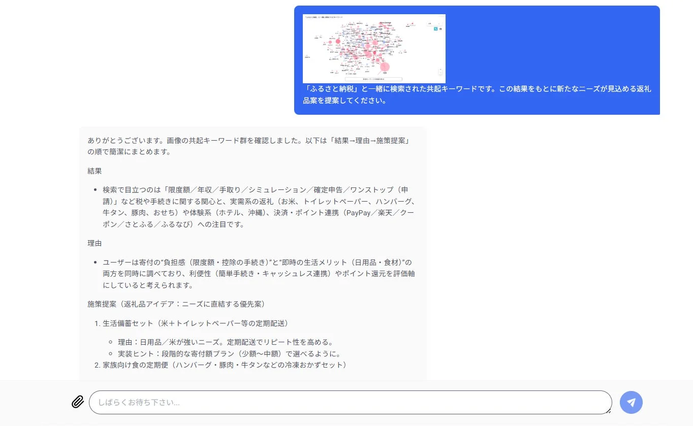 ふるさと納税のキーワード分析から返礼品のアイデアを提案するAIの例