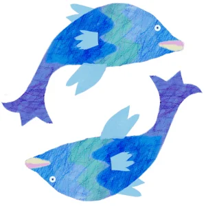 青と水色の色鉛筆またはクレヨンで描かれたような質感の魚が2匹、円を描くように配置されているイラスト