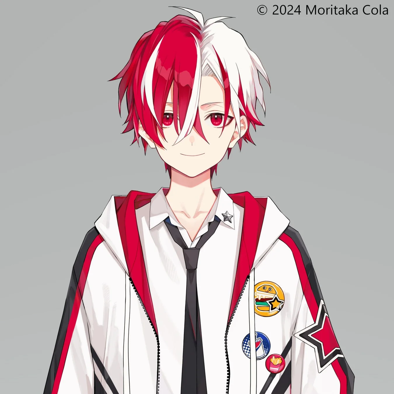 赤と白のツートンカラーの髪と赤い目を持つ、アニメスタイルの男性キャラクターのバストアップ画像