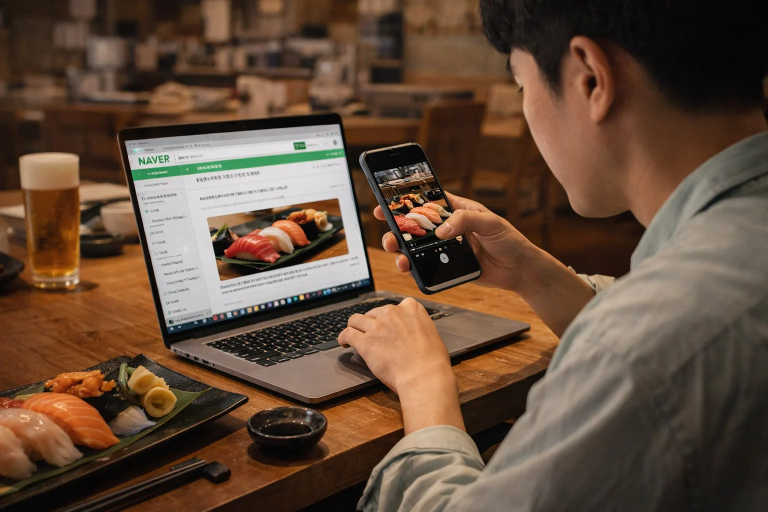 男性がPCとスマホでNAVERを見ながら食事