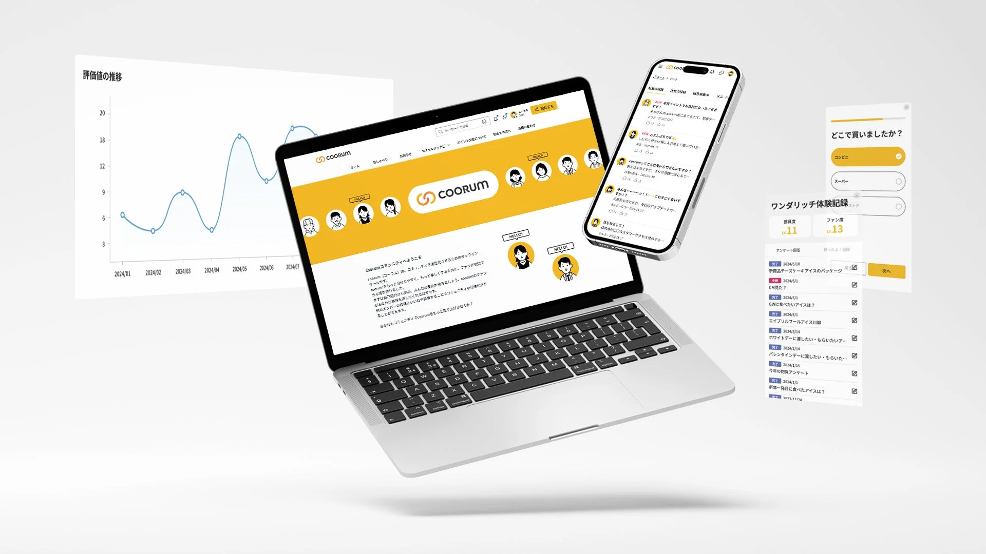 評価値の推移 20 18 12 9 6 3 2024/01 2024/02 2024/03 2024/04 2024/05 2024/06 2024/07 coorum ホーム おしゃべり お知らせ コミュニティナビ ポイント交換について 初めての方へ お問い合わせ キーワードで検索 投稿する HELLO! coorumコミュニティへようこそ coorum（コーラム）は、コミュニティを活性化させるためのオンラインツールです。coorumをもっと分かりやすく、もっと楽しくするために、ファンが協力できる場を作りました。まずは自分自身が楽しみ、みんなの意見を共有しましょう。coorumのファンの方々にも仲間として楽しく活動を促します。このコミュニティをぜひ利用されることをお勧めします。 あなたもコミュニティでcoorumをもっと盛り上げませんか？ どこで買いましたか？ コンビニ スーパー ワンダリッチ体験記録 会員度 lv.11 ファン度 lv.13 アンケート回答 買ったよ！記録 完了 2024/6/10 新商品チーズケーキアイスのパッケージ 中断 2024/6/1 CM見た？ 完了 2024/5/1 GWに食べたいアイスは？ 完了 2024/4/1 エイプリルフールアイス川柳 完了 2024/3/14 ホワイトデーに渡したい・もらいたいアー... 完了 2024/2/14 バレンタインデーに渡したい・もらいたいア... 完了 2024/1/15 今年の抱負アンケート 完了 2024/1/1 新年一番目に食べたアイスは？ 次へ