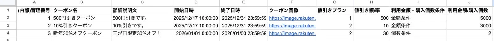 スプレッドシートのクーポン情報