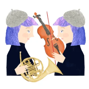 紫色の髪とベレー帽をかぶった2人の人物が、それぞれバイオリンとホルンを演奏している可愛らしいイラスト