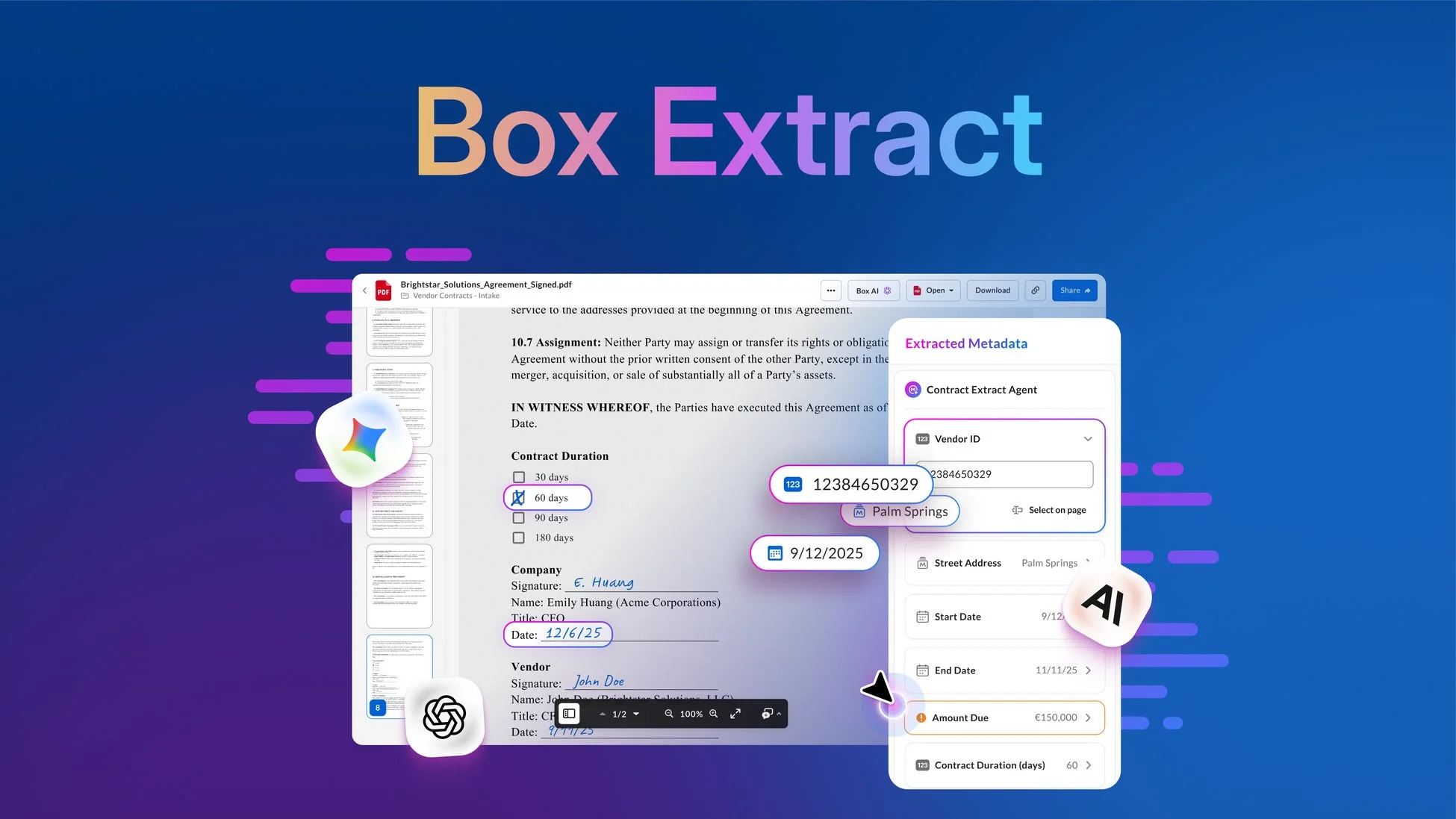 Box Extractが契約書から自動的にメタデータを抽出する様子
