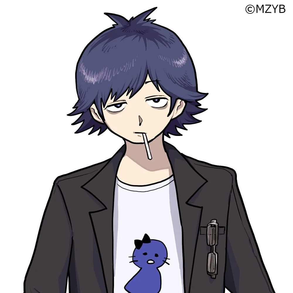 青い髪の少年がキャンディのようなものを口にくわえ、だるそうな表情をしているアニメ風のイラスト