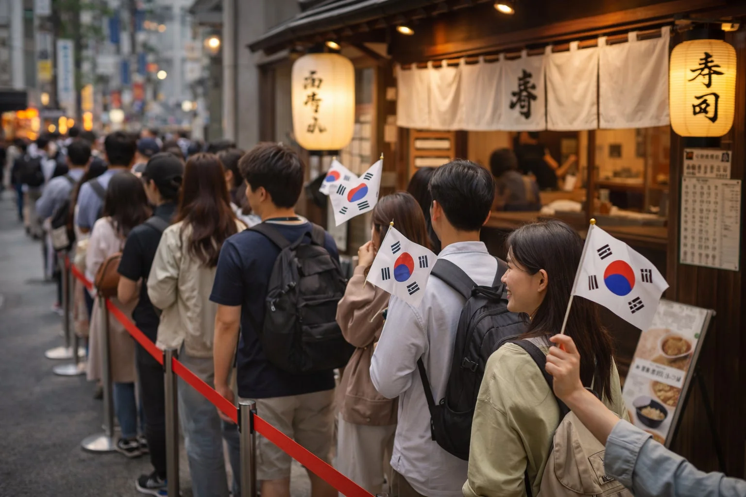 寿司店の前に韓国国旗を持つ人々の行列