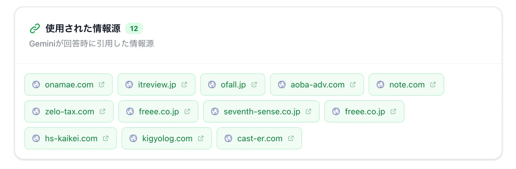 Geminiが回答時に引用した情報源リスト