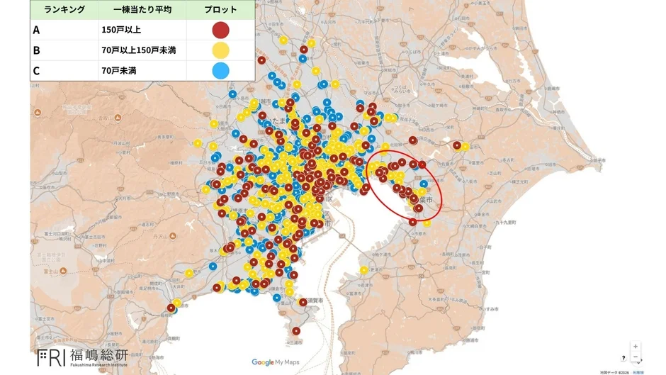 千葉県・総武本線エリアの一棟当たり平均戸数マップ