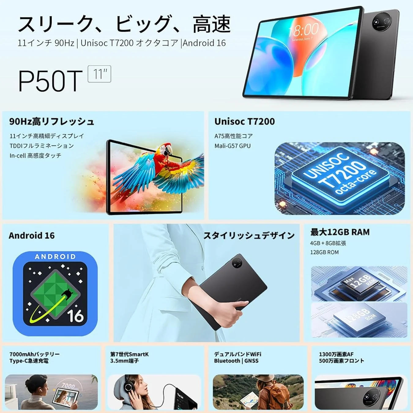 P50Tタブレットの主要スペックとデザイン