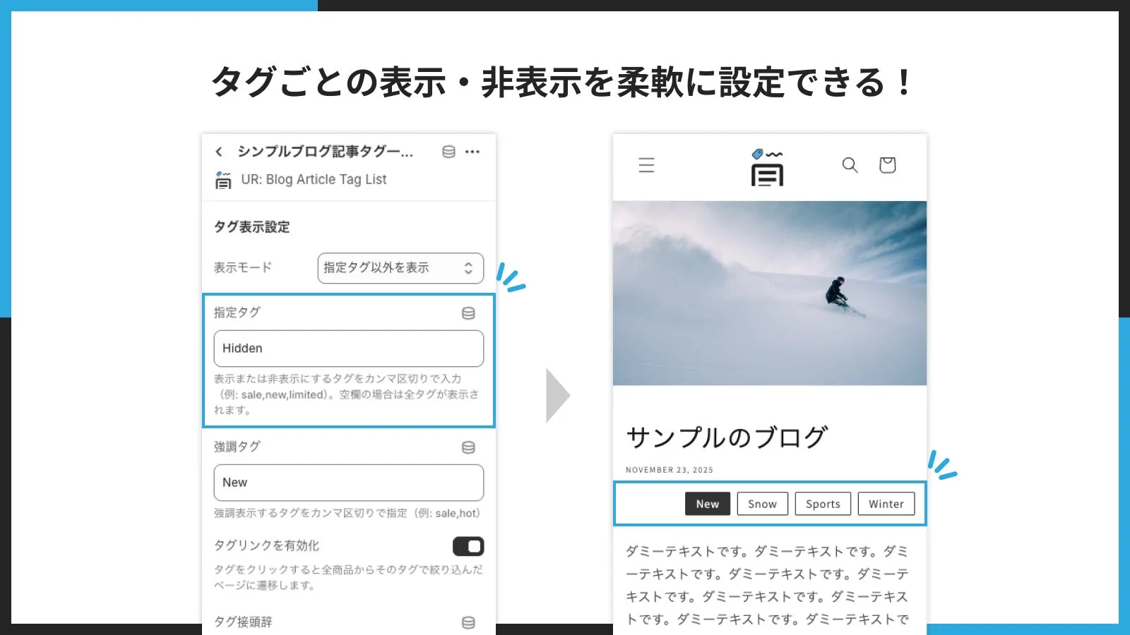 タグごとの表示・非表示を柔軟に設定できる