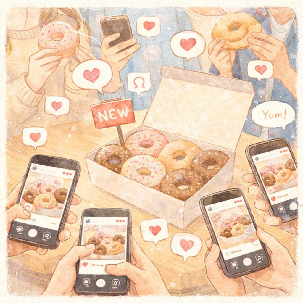 ドーナツを囲んで写真を撮る友人たち