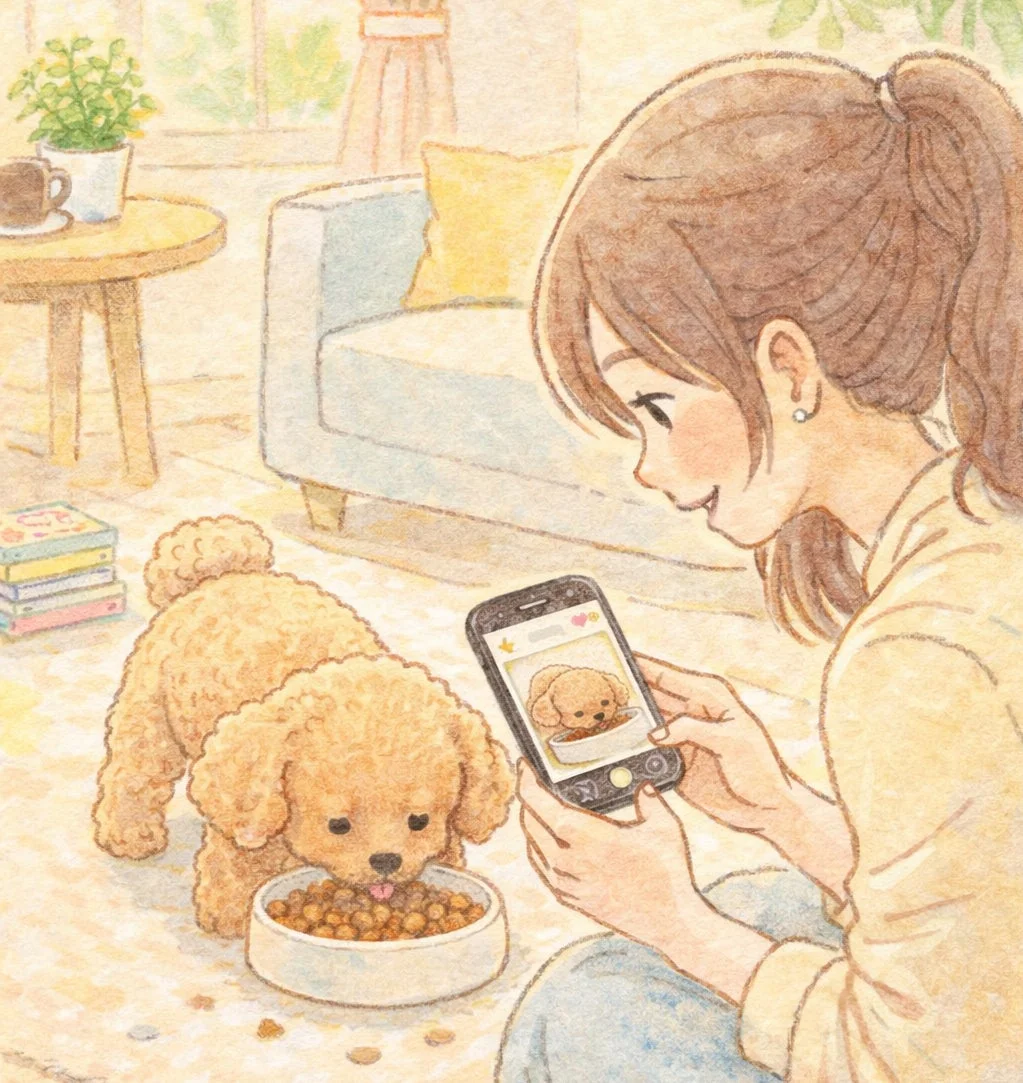 食事中の可愛いプードルを撮影する女性