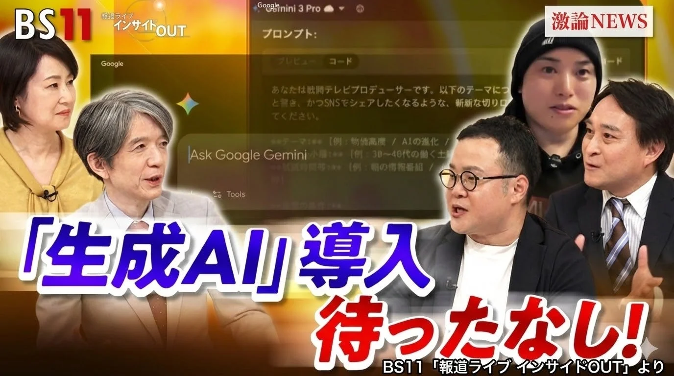 BS11の報道ライブ番組「インサイドOUT」で、生成AIの導入について議論している様子。Google Geminiのインターフェースも映し出され、「生成AI」導入は待ったなしというテーマで専門家たちが語り合っている。