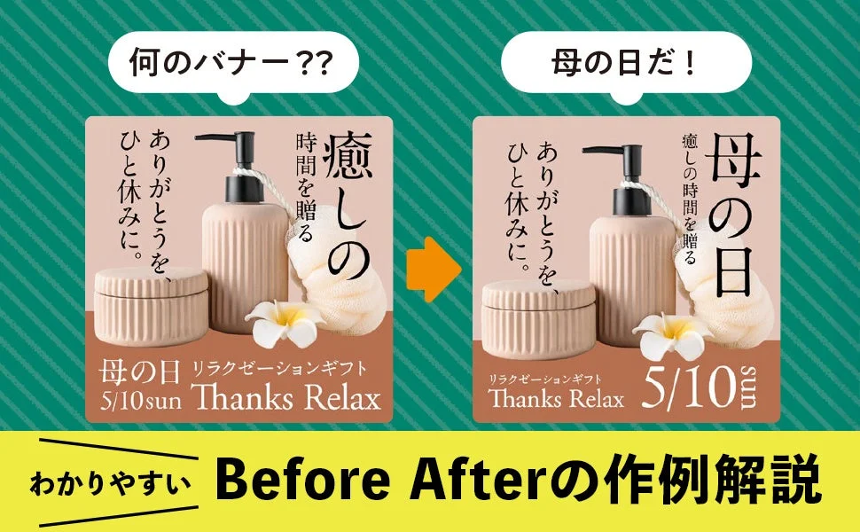 母の日のリラクゼーションギフト広告バナーのBefore Afterを比較解説する画像