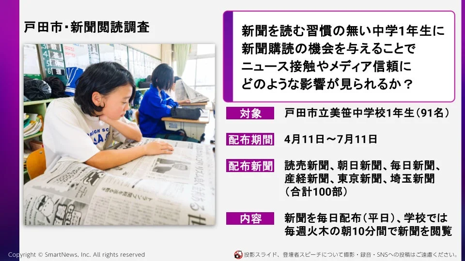 戸田市の中学校での新聞閲読調査に関するスライド