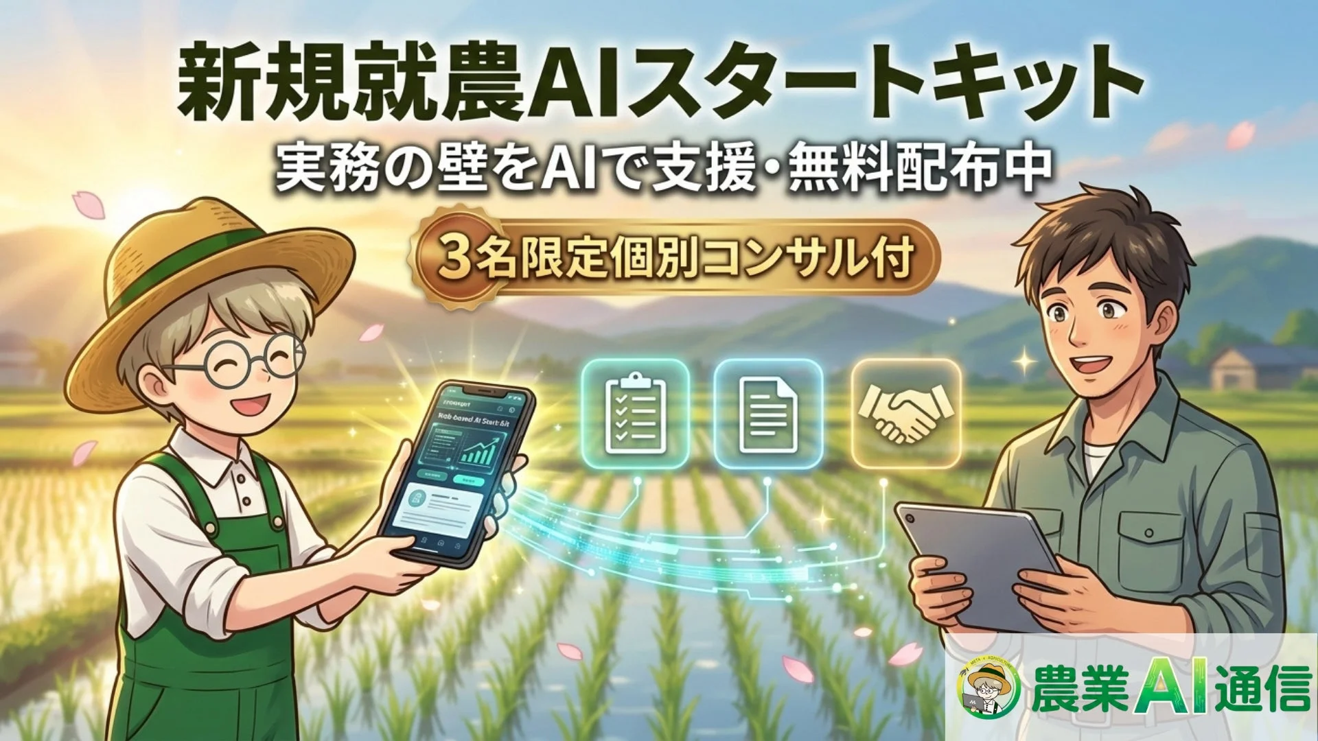 新規就農AIスタートキットの広告画像。若い農家がデバイスを操作する様子。スマート農業の活用を訴求。