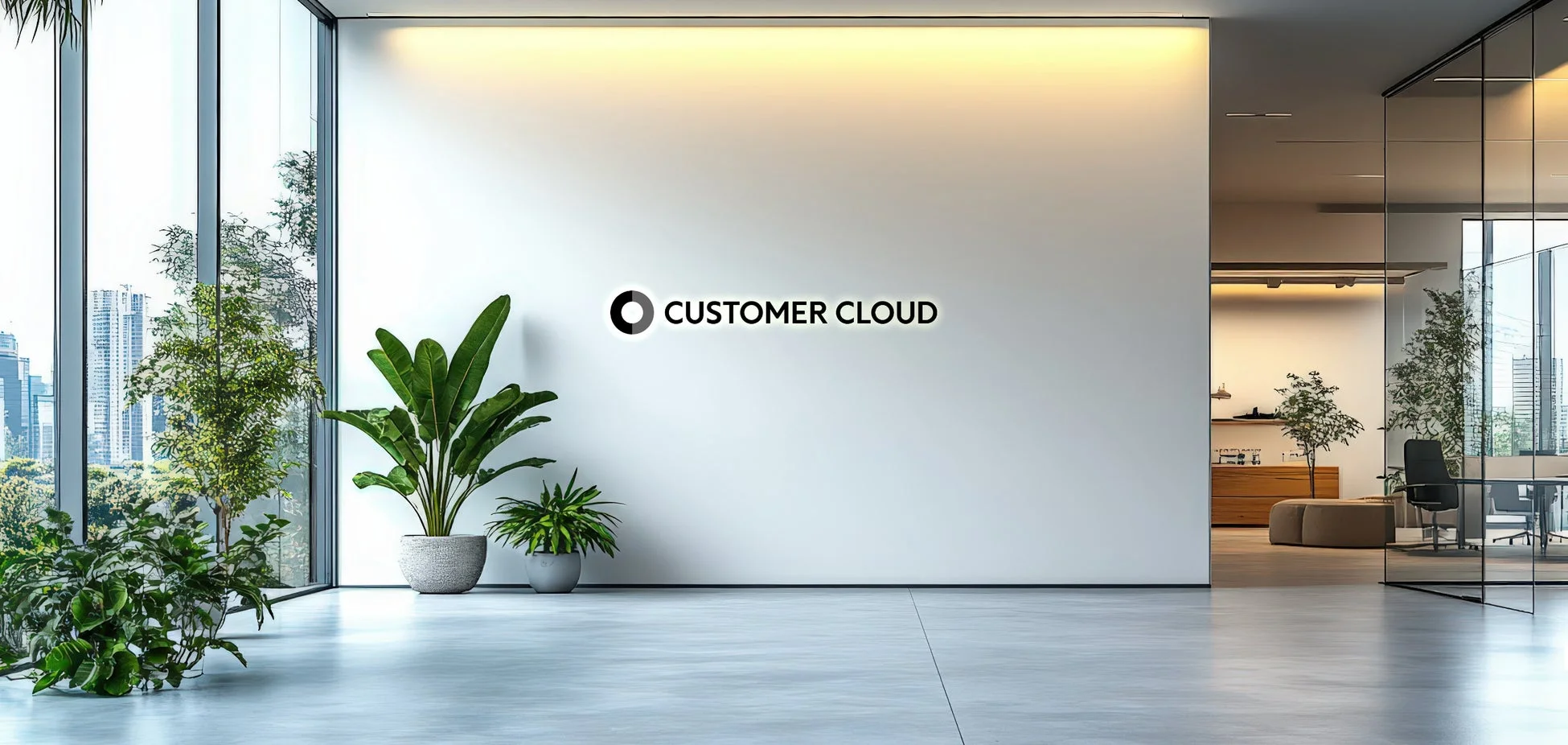 モダンオフィスにCUSTOMER CLOUDのロゴ