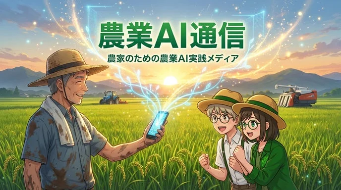 夕焼けの田んぼで農家がスマホを見ているイラスト。AI技術の農業活用を示唆。