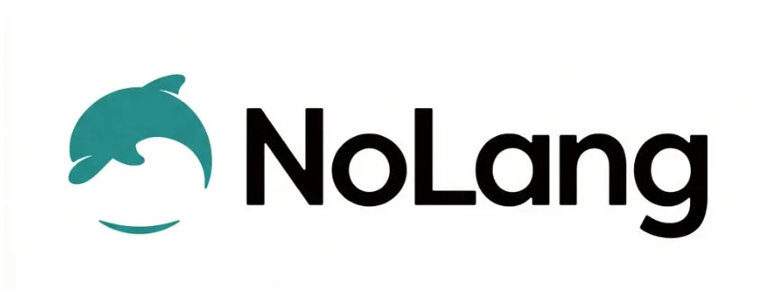 イルカのシルエットと「NoLang」という文字が並んだロゴ画像です。白背景にターコイズグリーンのイルカと黒い文字がシンプルに配置されています。
