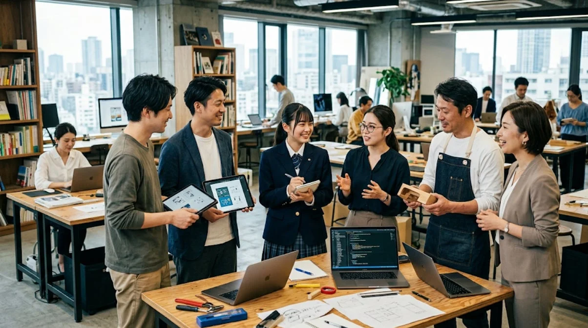 現代的なオフィスで議論するプロフェッショナルと学生