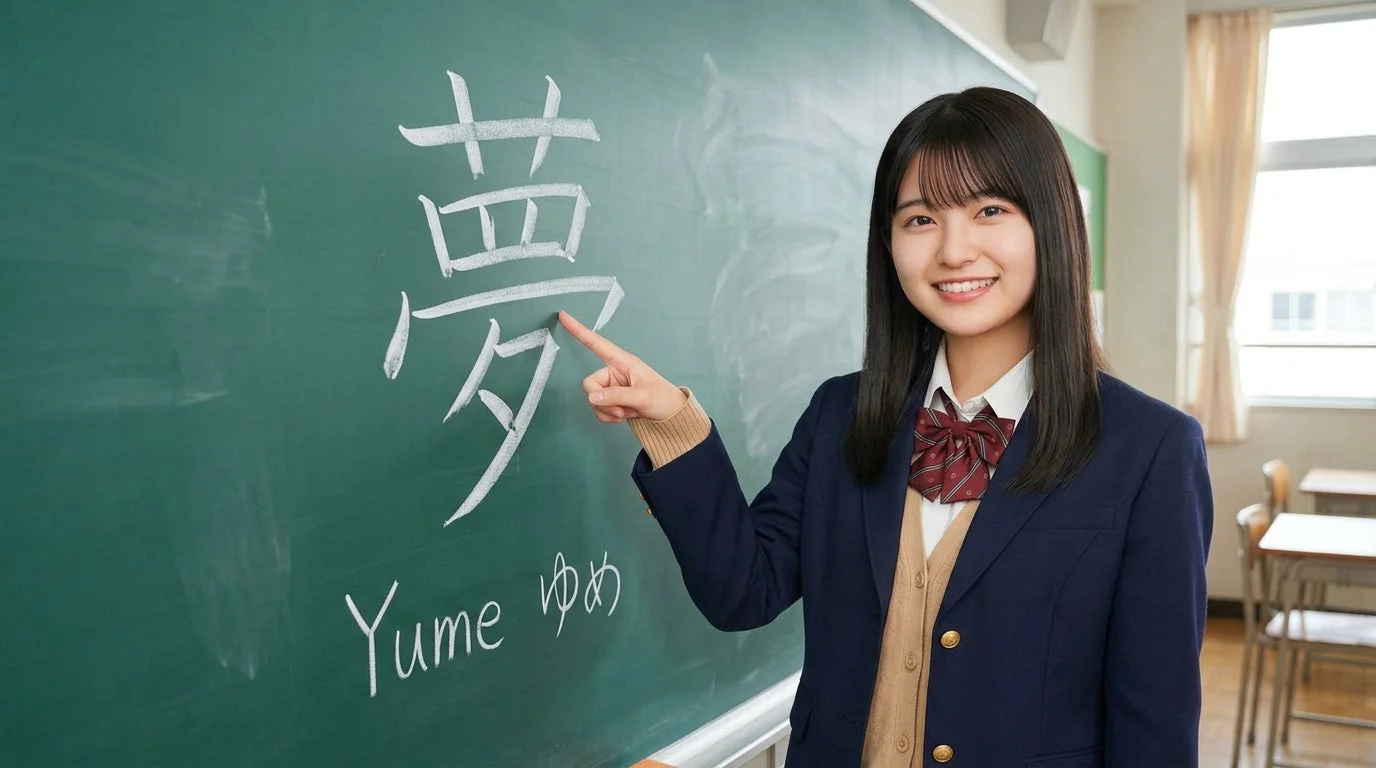 黒板に「夢」と書かれた教室で笑顔の女子学生