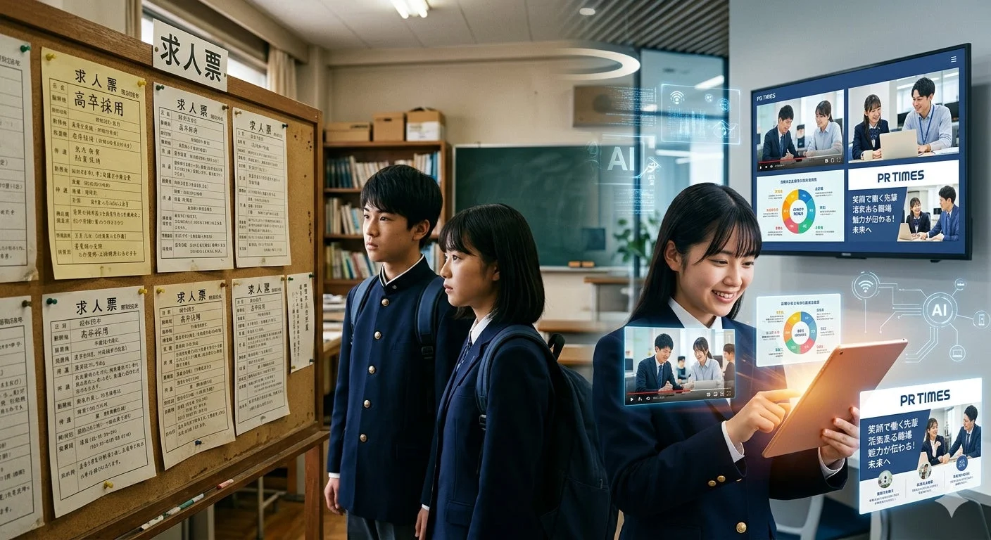 教室で就職活動の情報収集をする高校生の様子