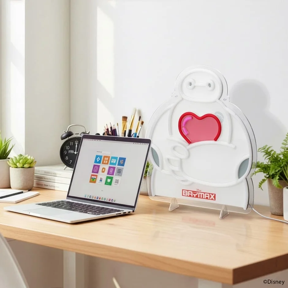 デスクにベイマックス、ノートPC、植物