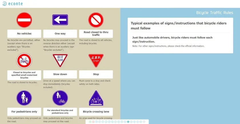 自転車の交通ルールに関する標識の例と説明が英語で示されています