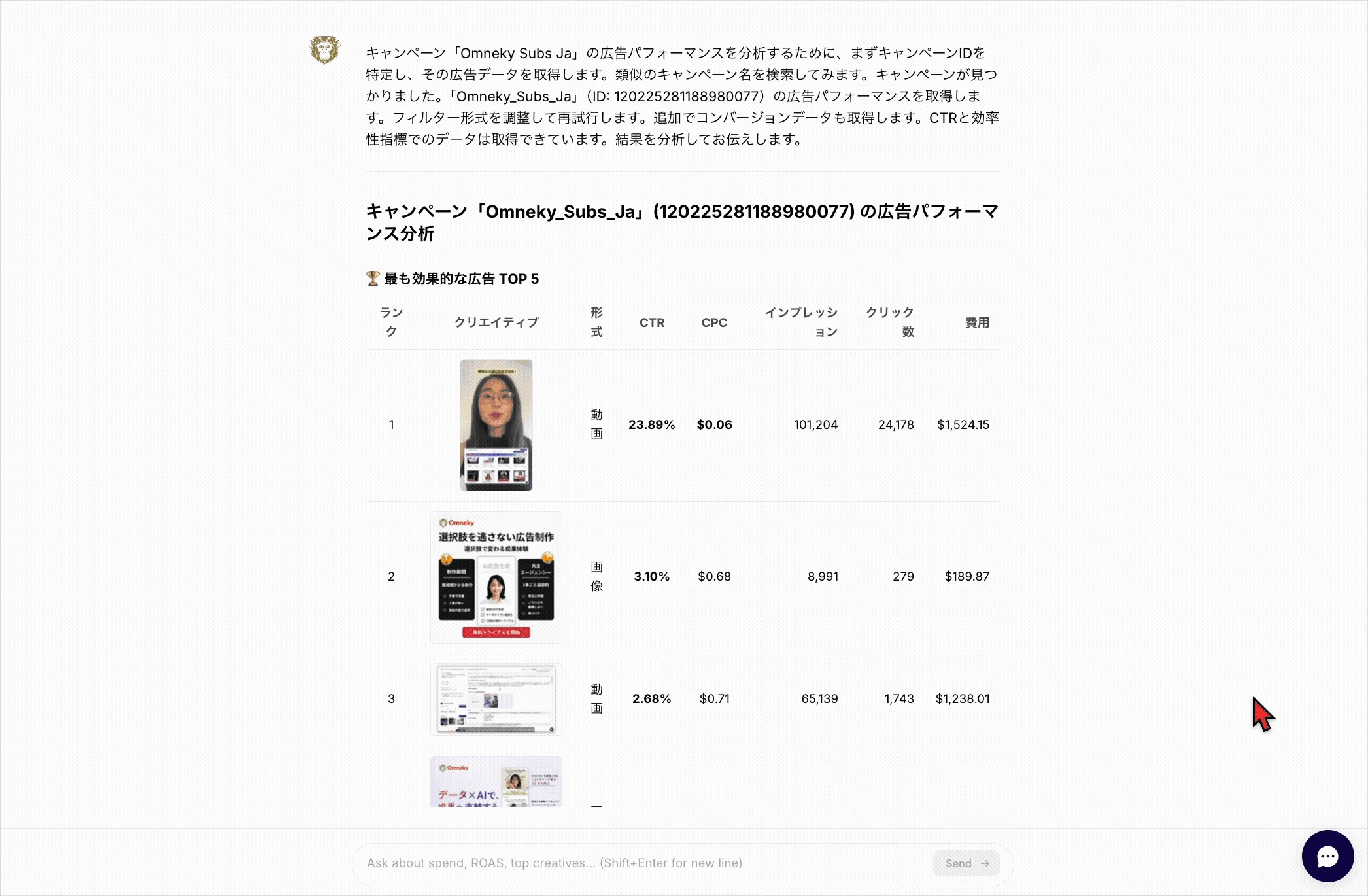 Chat With Dataによる広告パフォーマンス分析画面
