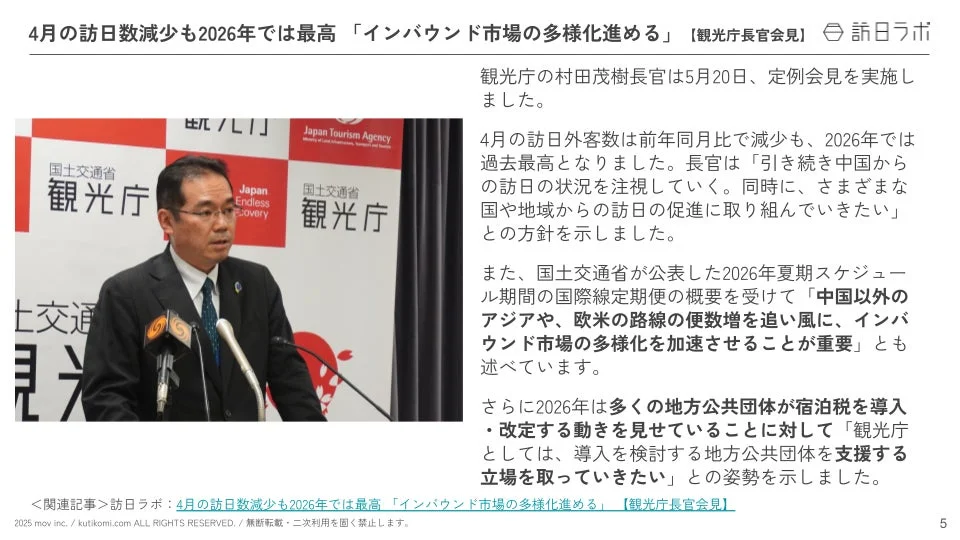 4月の訪日数減少も2026年では最高