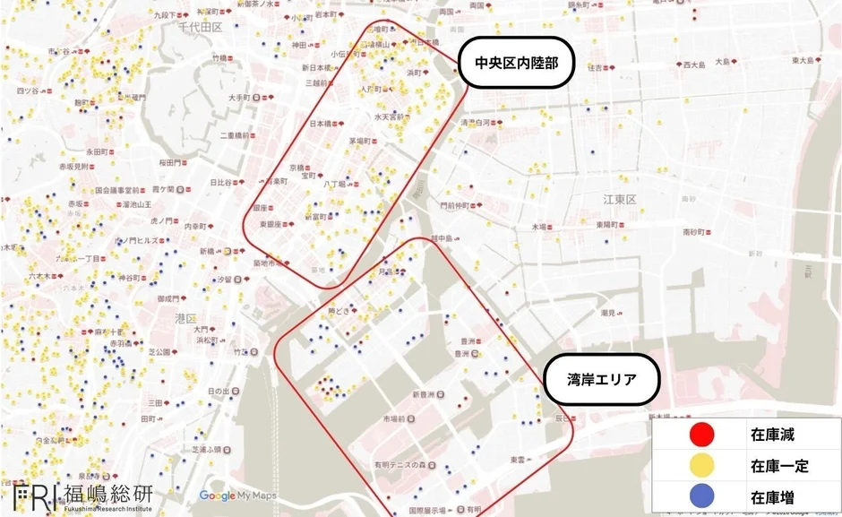 東京の地図上に、中央区内部と湾岸エリアの在庫変動