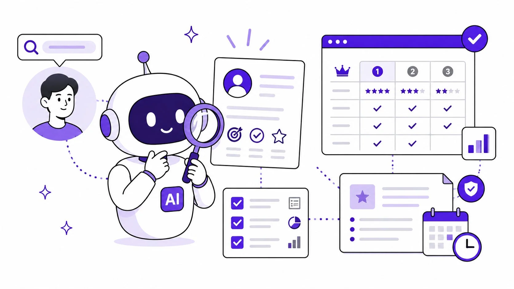 AIロボットがユーザープロフィールや様々なデータ、評価、スケジュールなどを分析・管理しているイラスト