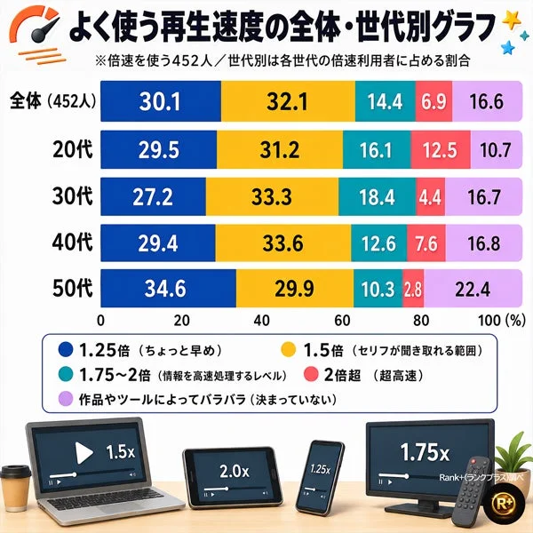 よく使う再生速度の全体・世代別グラフ